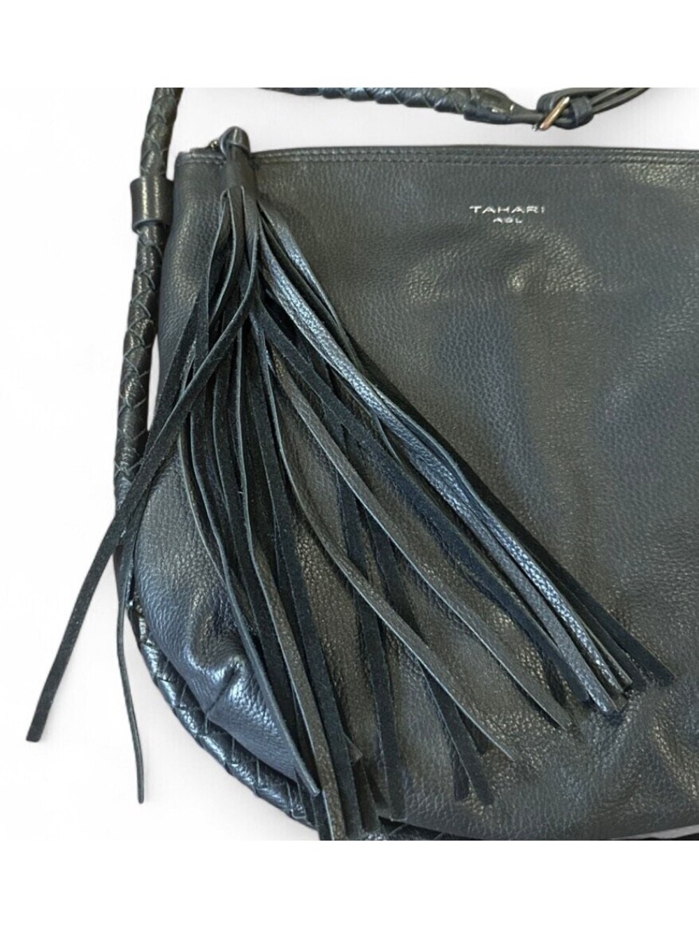 Tahari Black Pebble Leather Boho Western Fringe Shoulder Bag